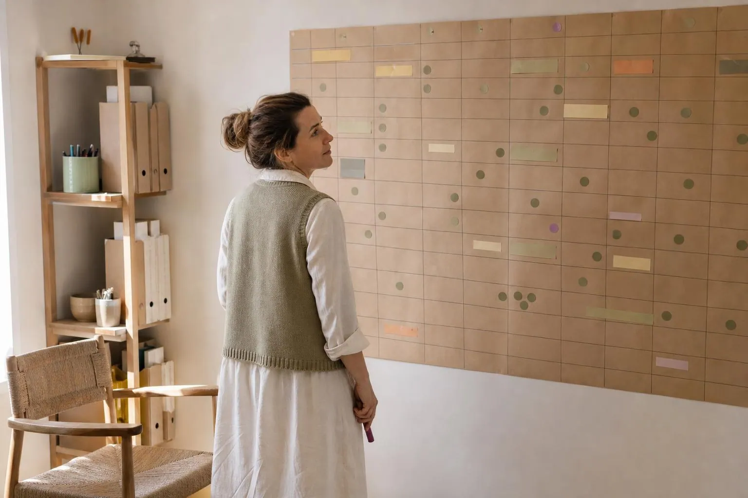 Praticienne reculée d’un pas devant un planning mural en papier kraft couvert de gommettes olive, un marqueur à la main