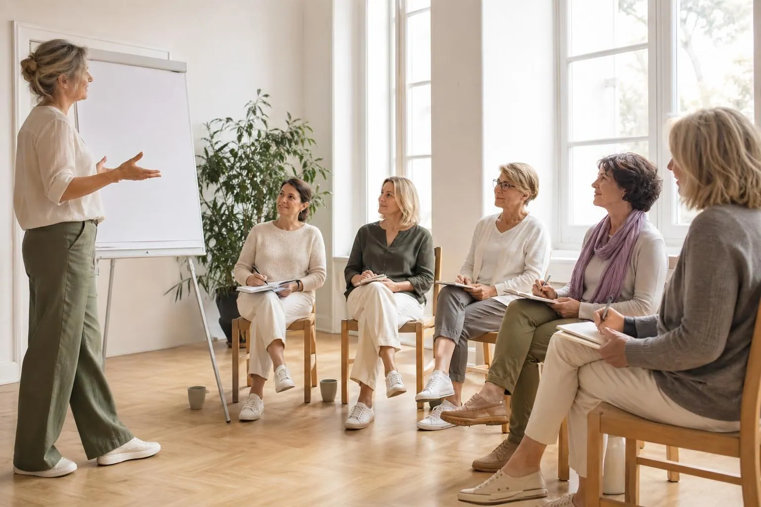 Six praticiennes assises en demi cercle dans une salle de formation claire, écoutant une formatrice debout près d’un paperboard vierge