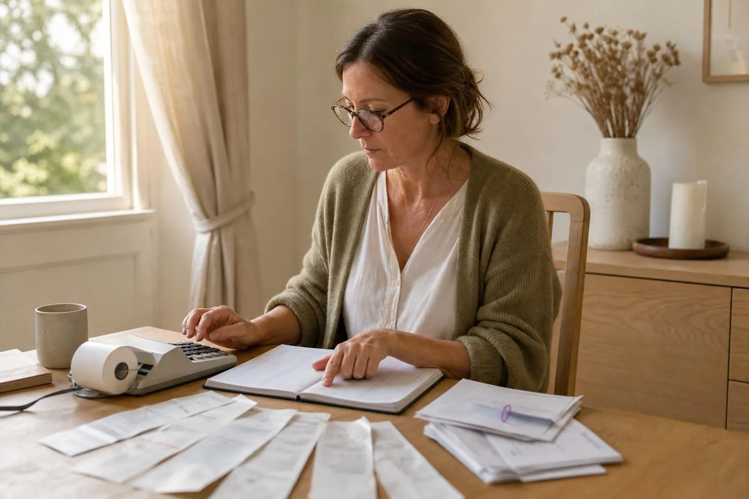 Praticienne assise à une table claire avec une calculatrice de bureau, un cahier à colonnes et des justificatifs papier alignés