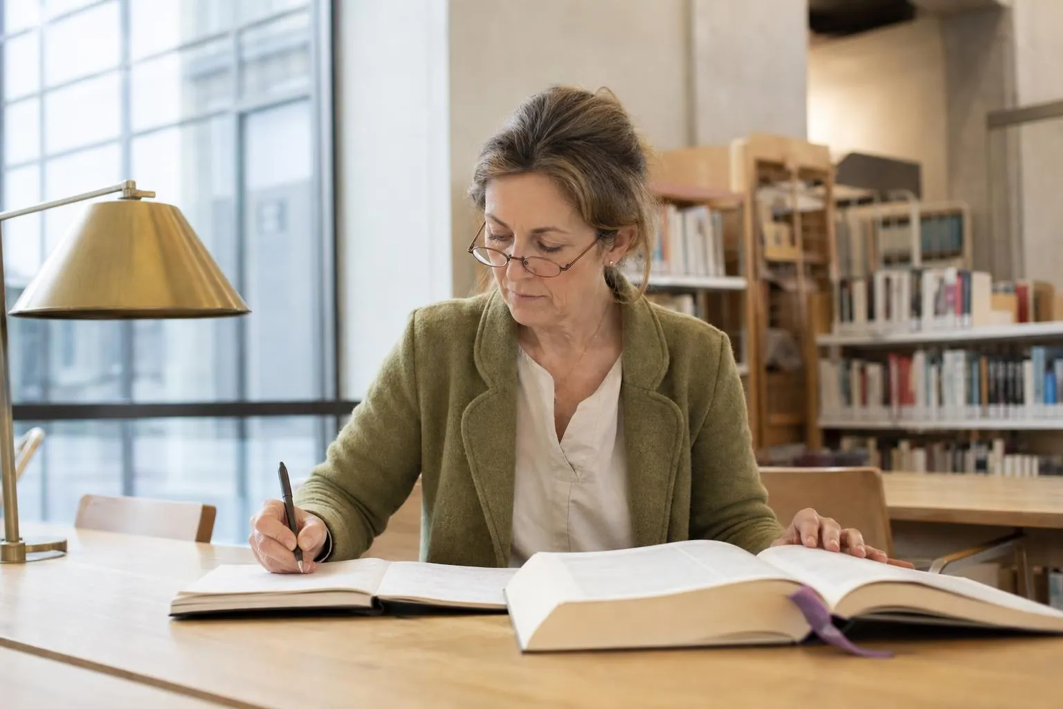 Naturopathe assise à une longue table de bibliothèque municipale, un ouvrage juridique relié ouvert devant elle et un carnet de notes