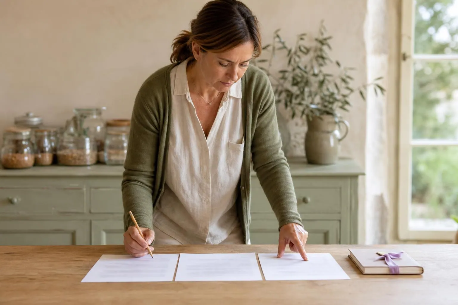 Praticienne bien être debout devant une table de cuisine claire, comparant trois versions imprimées de la présentation de ses séances