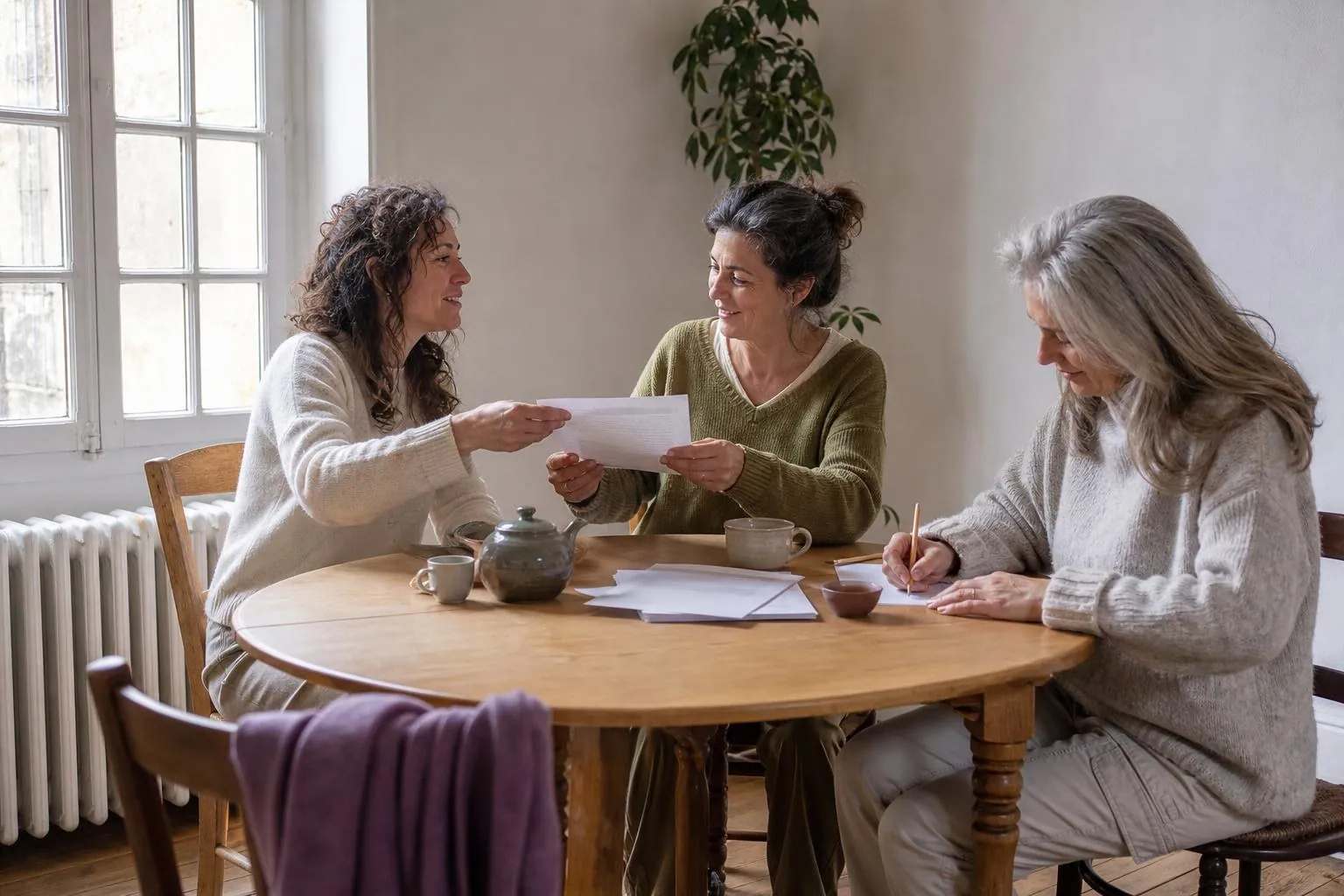 Trois praticiennes assises autour d’une table ronde dans une salle associative, échangeant des feuillets imprimés lors d’un temps de relecture