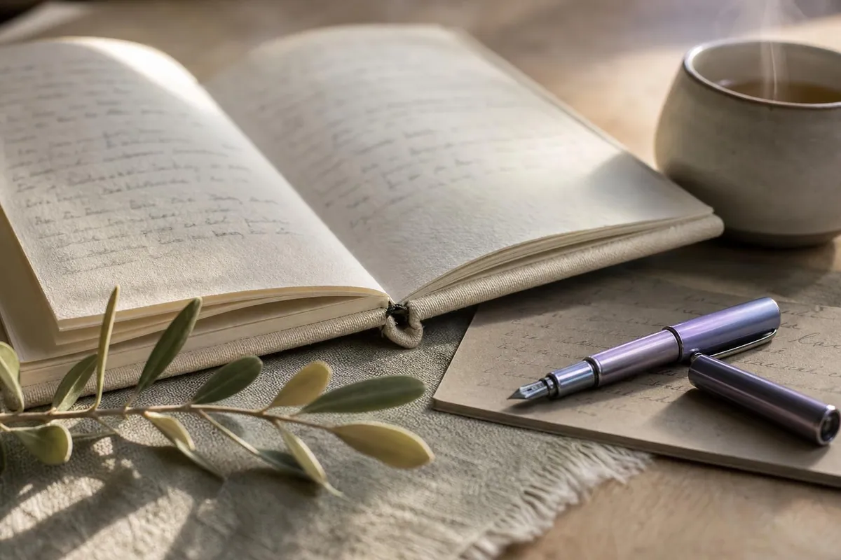 Gros plan d’un carnet d’anamnèse en toile écrue ouvert sur une table en bois clair, avec une fiche cartonnée annotée au crayon
