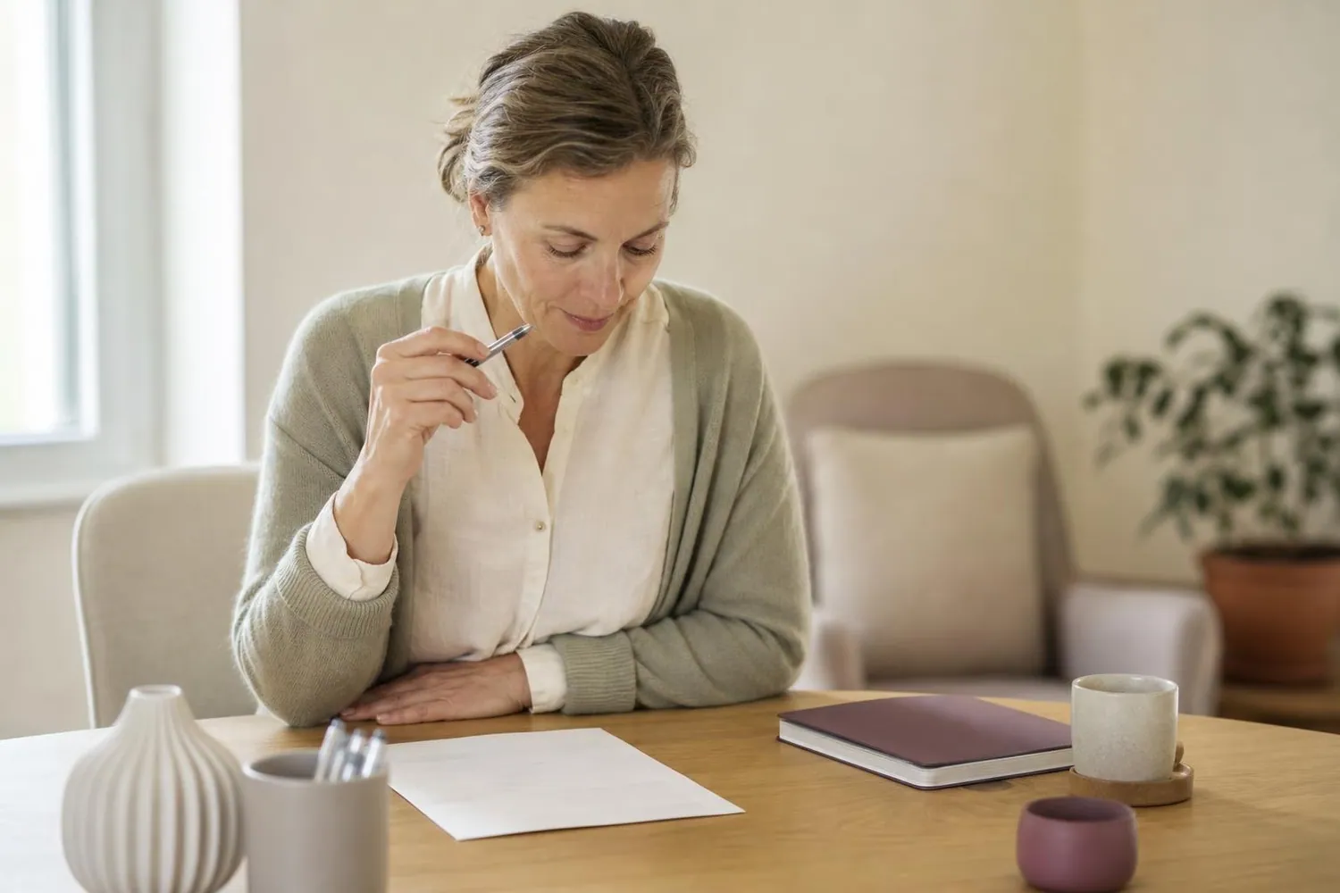Praticienne bien être assise à son bureau de cabinet, stylo à la main, relisant une page de présentation imprimée